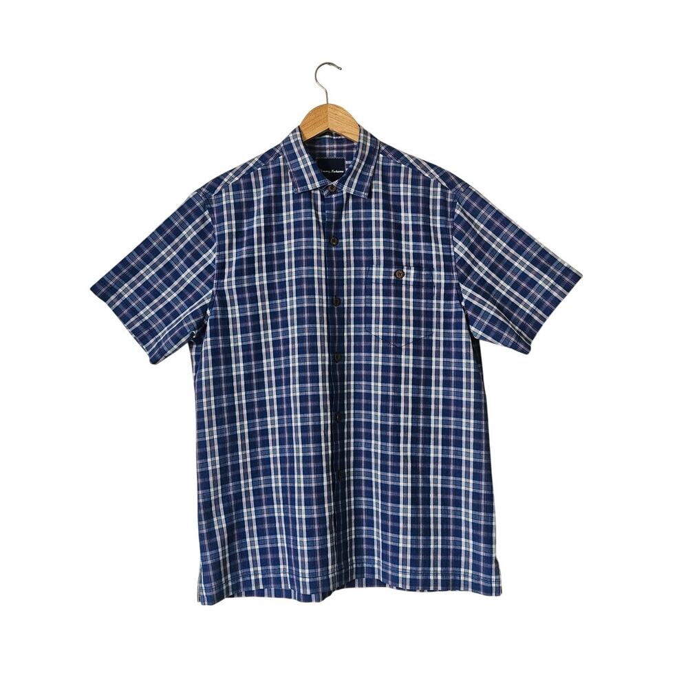 Tommy Bahama Island Zone Silk Blend Button Down Shirt Blue White Plaid S Coastal